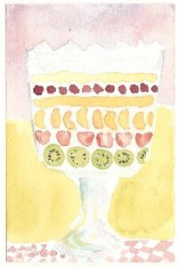 Watercolor painting of layered fruit parfait in a glass.