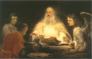 A solemn religious scene with a bearded man at the center.