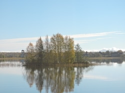 Small tree-covered island reflected in calm lake water under clear sky.