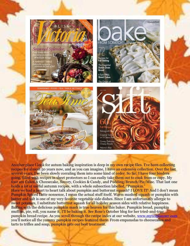 A collage of four food magazine covers against an autumn leaf background.