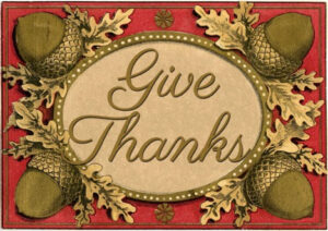Decorative plaque with the phrase 'Give Thanks' and golden pinecones.