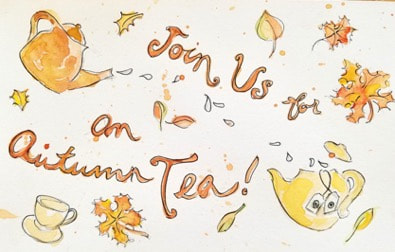 Invitation to a cozy autumn tea with falling leaves and cute animals.