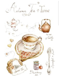 Vintage tea set with a cup of tea, teapot, and sweets on a decorative background.