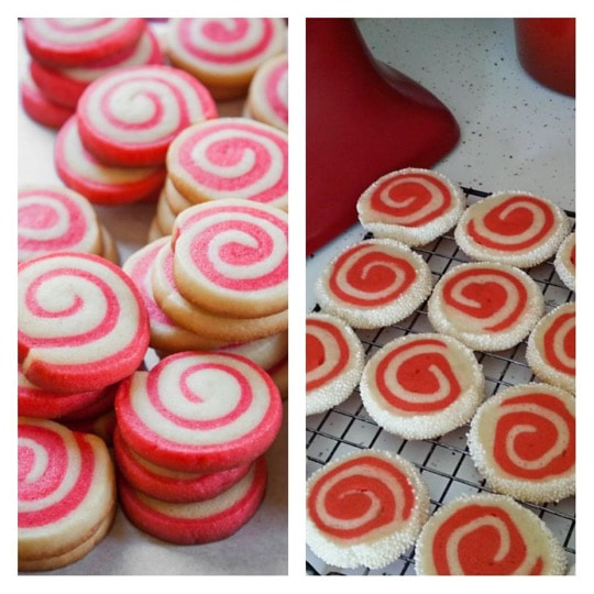 Swirled pink and red spiral cookies on trays.