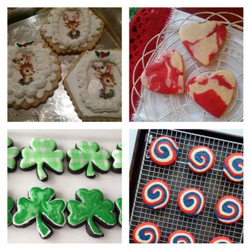 Four sets of themed decorated cookies: Christmas angels, Valentine hearts, shamrocks, and patriotic spirals.
