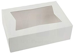 White bakery box with a clear window on top.