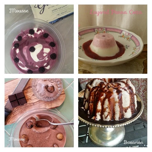 Four images showing the process of making a heart-shaped chocolate dessert.