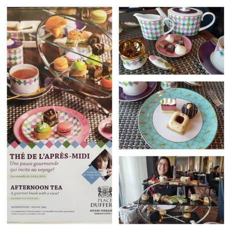Elegant afternoon tea setup with scones, pastries, and tea pots.