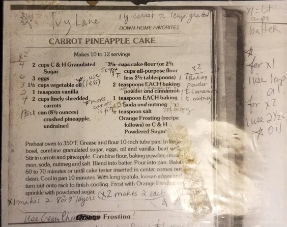 A handwritten recipe for Cassie's Pineapple Cake with detailed instructions.