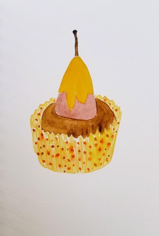 A cupcake with yellow frosting and a pink candle on top.