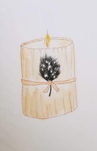 A lit candle decorated with a small pinecone and tied with a string.