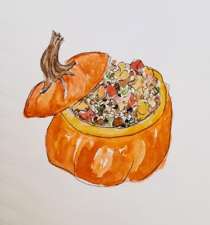 Watercolor painting of a pumpkin filled with a colorful mixture.