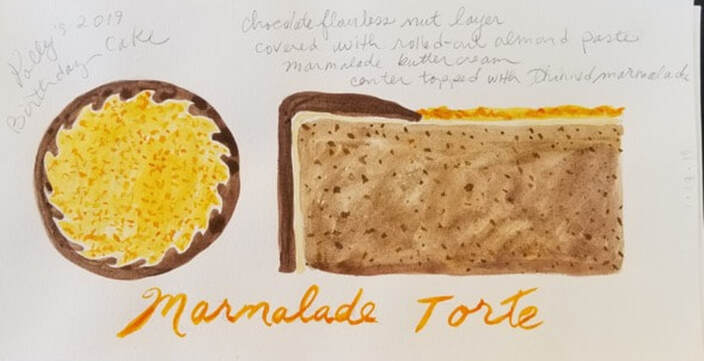A marmalade tart with handwritten recipe notes above it.