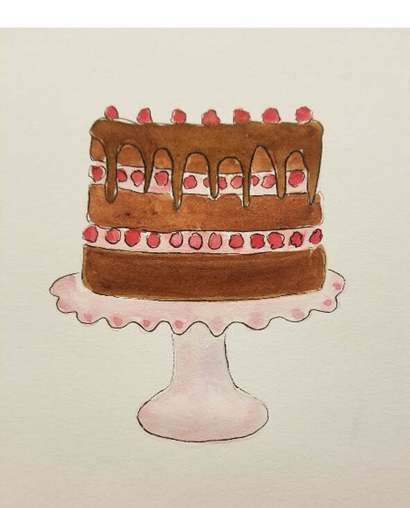 A hand-drawn chocolate layer cake with strawberries on a pink cake stand.