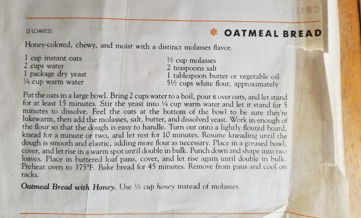 An oatmeal bread recipe with ingredients and instructions.