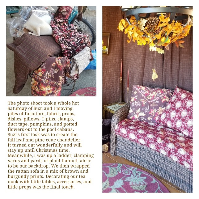 Cozy porch scene with patterned cushions and autumn leaves overhead.