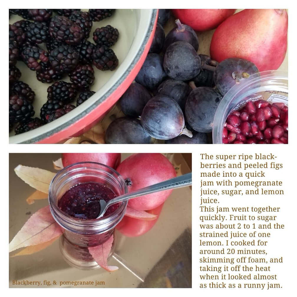Fresh figs, blackberries, and fig jam displayed with ripe fruits on a wooden table.