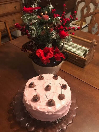 Pink frosted cake with cherries on top beside a festive poinsettia plant.