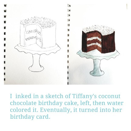 A sketch and finished painting of a coconut chocolate birthday cake.