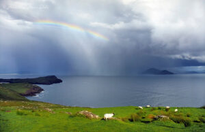A rainbow arches over a calm sea with green hills in the foreground.
