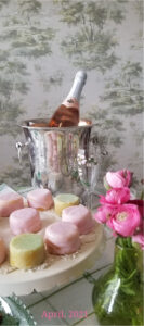 Champagne bottle in ice bucket with pastel marshmallows and pink roses.