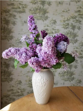 A bouquet of lilac flowers in a white vase on a wooden table.