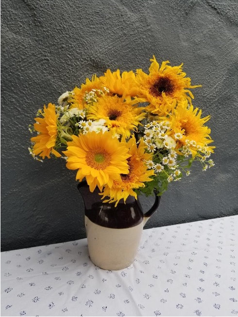 A bouquet of vibrant sunflowers and small white flowers in a beige vase.