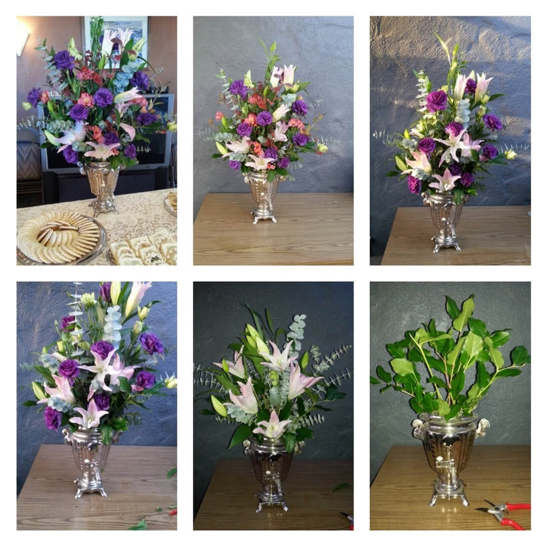 Six elegant floral arrangements in decorative vases, each featuring vibrant mixed flowers and greenery.