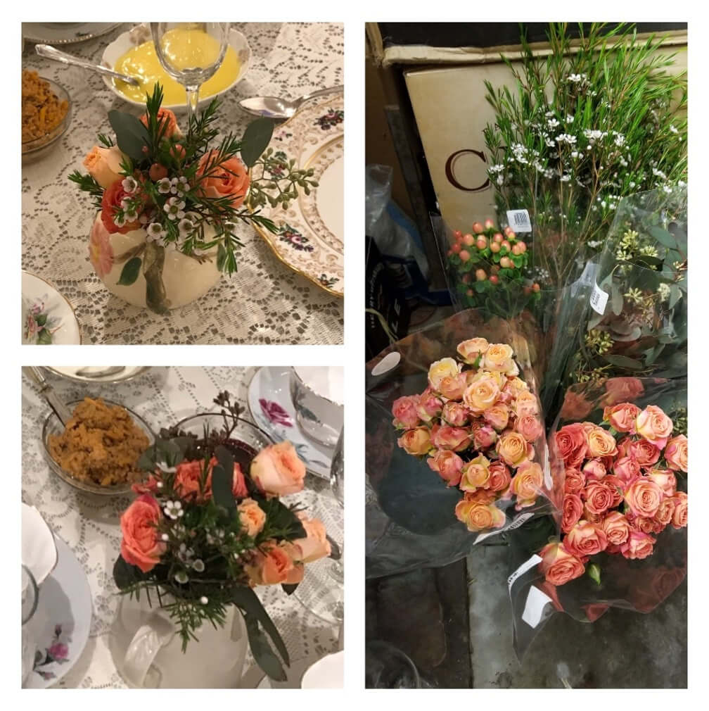 Three floral arrangements featuring roses and assorted greenery.