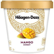A tub of Häagen-Dazs mango sorbet with a golden lid.