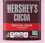Hershey's Special Dark Cocoa powder container with detailed nutrition facts.