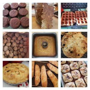 Various baked goods including cookies, bread, and pastries arranged in a grid.