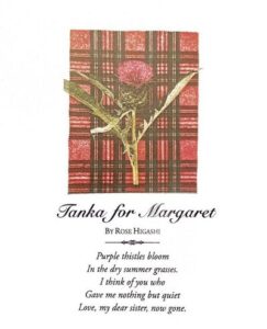 A vintage bookplate for Margaret with a bird illustration and plaid background.
