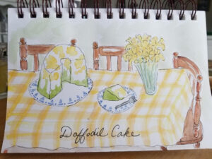 Watercolor painting of daffodils in a vase on a yellow checkered tablecloth.