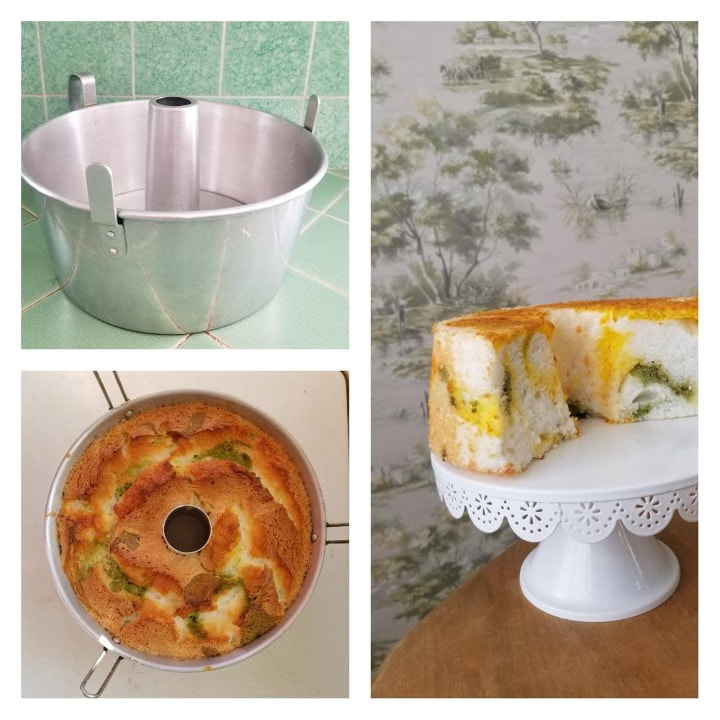 Three-step collage showing bundt pan, batter, and baked bundt cake with powdered sugar.