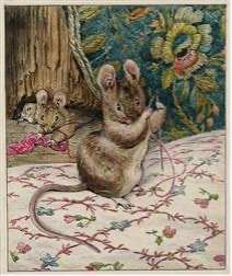 A mouse sewing on a floral fabric with a sunflower background.