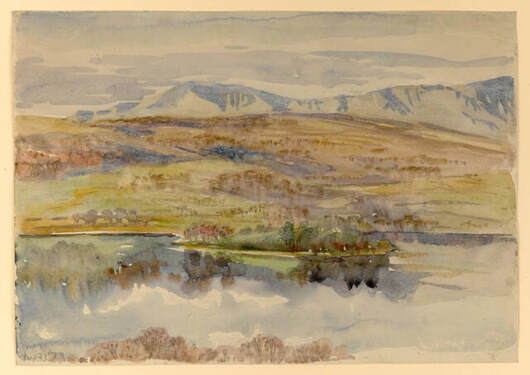 Watercolor painting of a tranquil lake with distant hills.