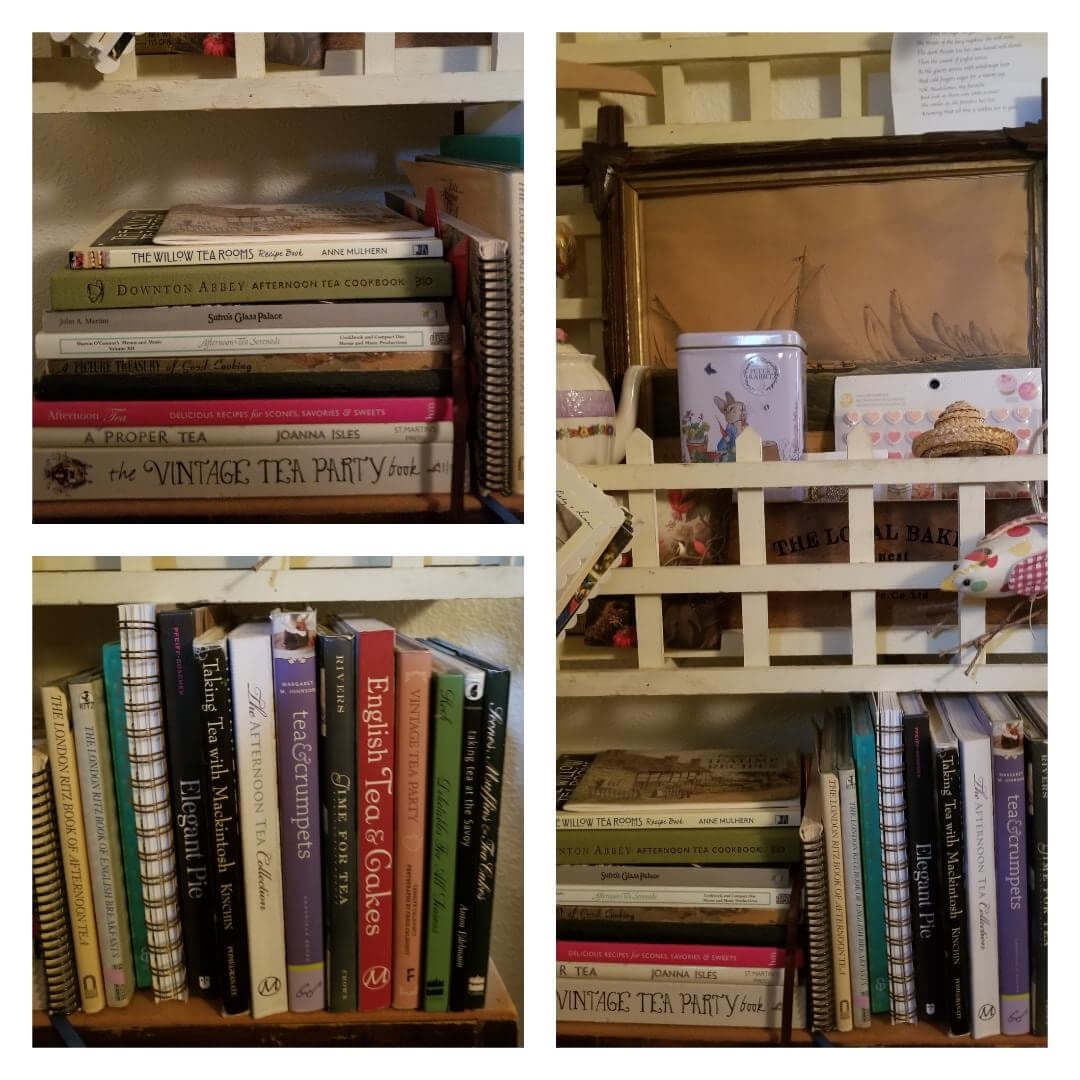 Four photos of bookshelves filled with books and decorative items.
