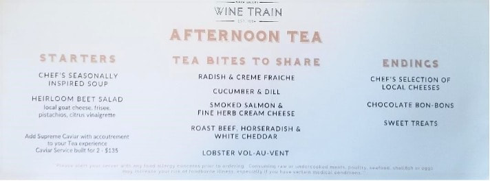 Menu for afternoon tea with various bites to share.