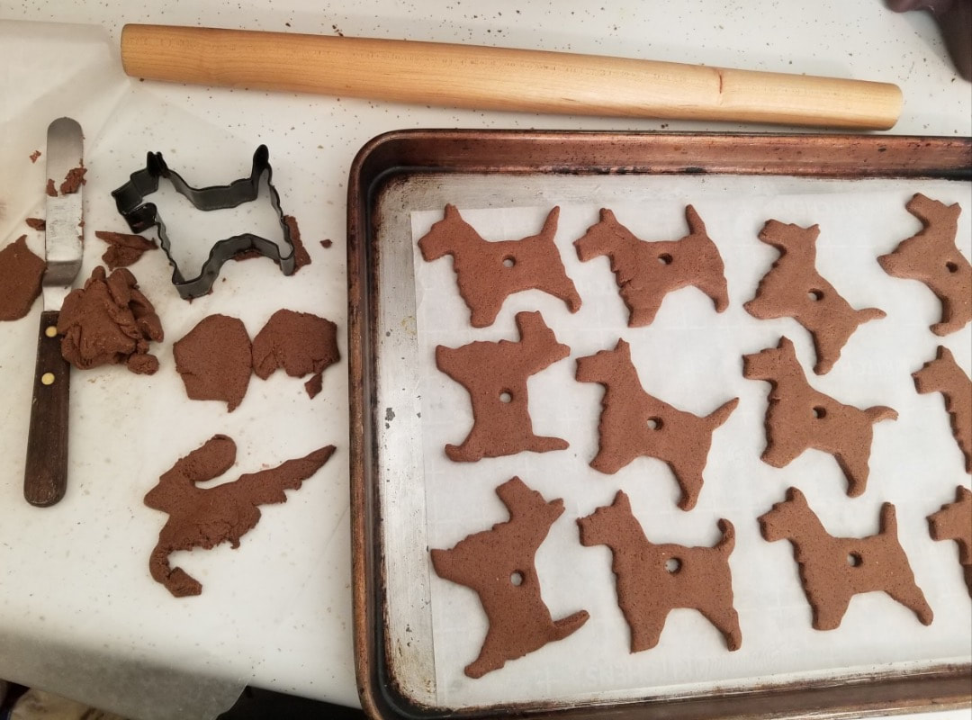 Dog-shaped cookies on baking trays in various stages of baking.