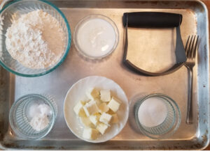 Ingredients for baking: flour, butter, sugar, salt, and baking powder.