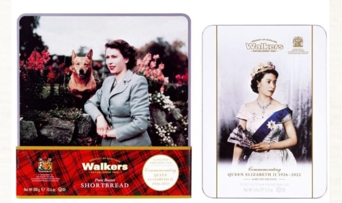 Vintage Walkers shortbread tin featuring Queen Elizabeth II and corgis.