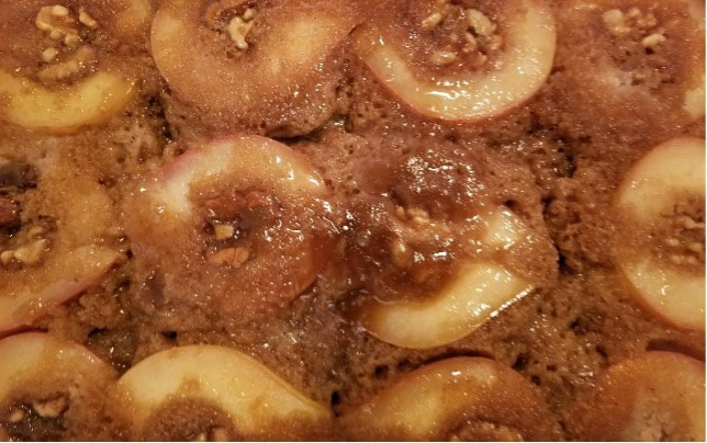 Close-up of caramelized apples in a brown sugar glaze.