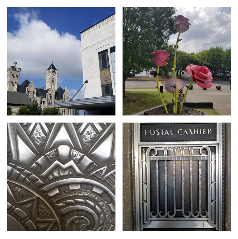 Collage of architectural and floral elements including a historic building, a flower, an ornate ceiling, and a gated doorway.
