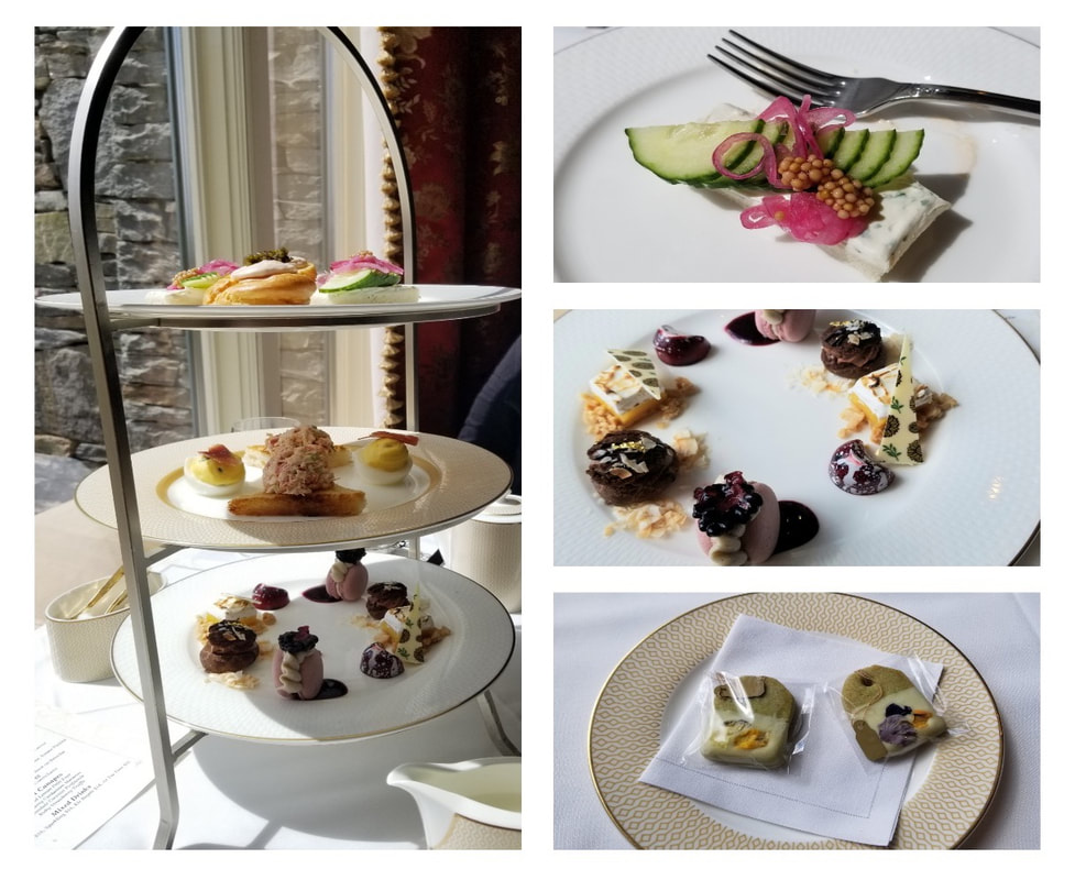 Elegant afternoon tea set with pastries and savory bites.