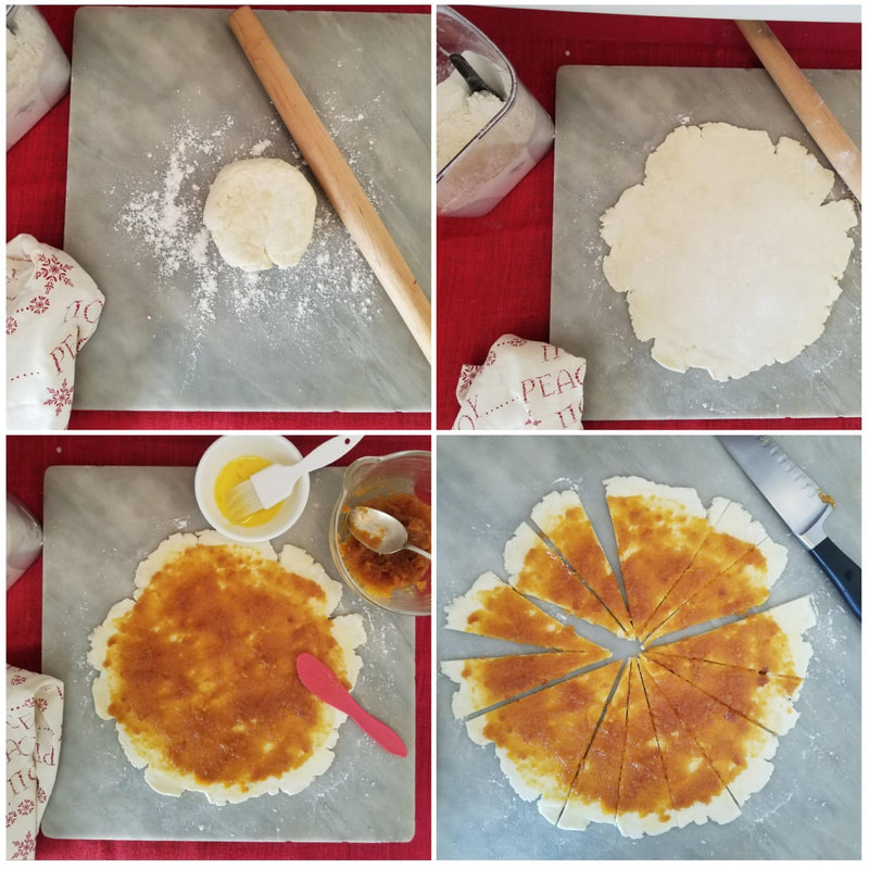 Steps of making and slicing a homemade pizza.