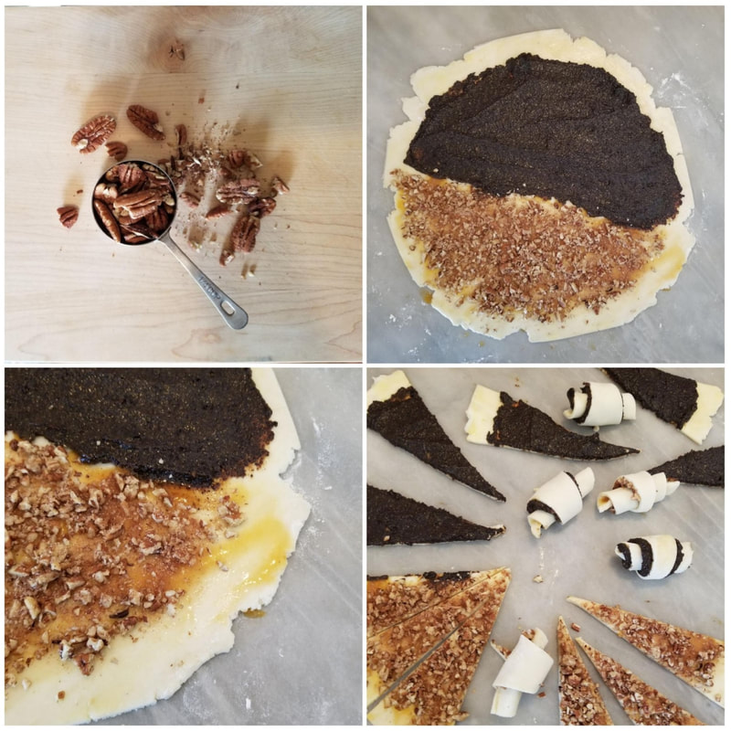 Step-by-step process of making a zebra cheesecake with crushed cookies and cream.