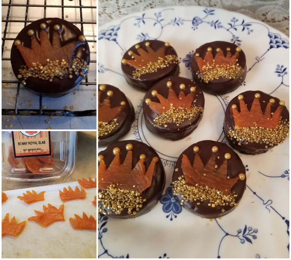 Chocolate peanut butter cups decorated with caramel drizzle and sprinkles.
