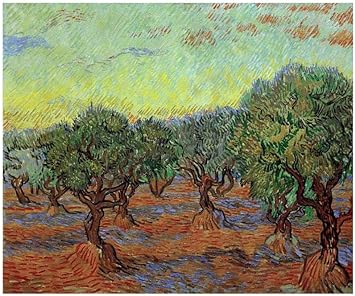A vibrant painting of olive trees in a field under a yellow-green sky.