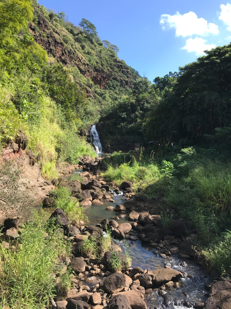 Person exploring a rocky stream in a lush green valley.